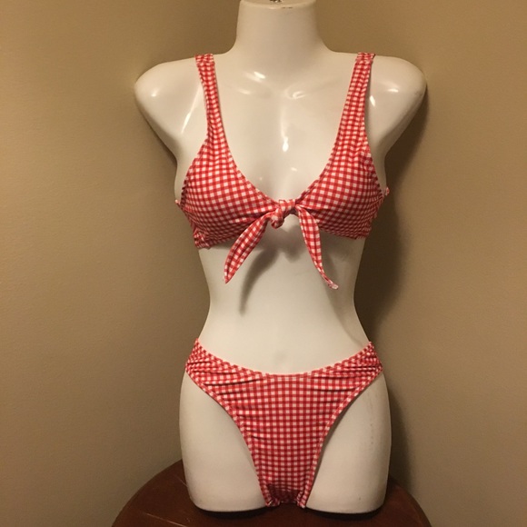 red plaid bathing suit